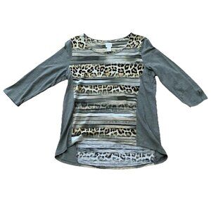 Chico's Top 1 Women's Size 8 Olive Animal Print Leopard Striped 3/4 Sleeve Boho